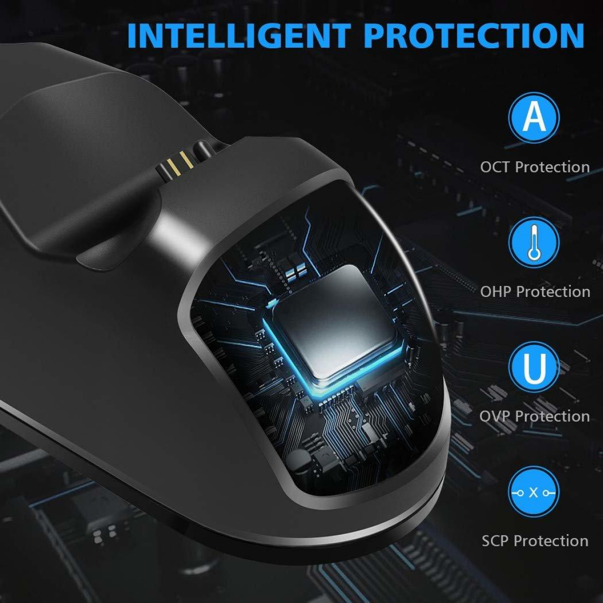 Czarne urządzenie elektroniczne z funkcjami ochronnymi, z etykietami tekstowymi.