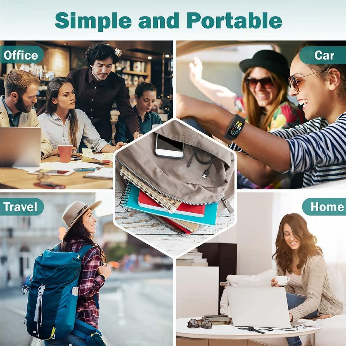 Kolaż przedstawiający osoby w różnych ustawieniach korzystające ze smartwatcha i telefonu komórkowego.