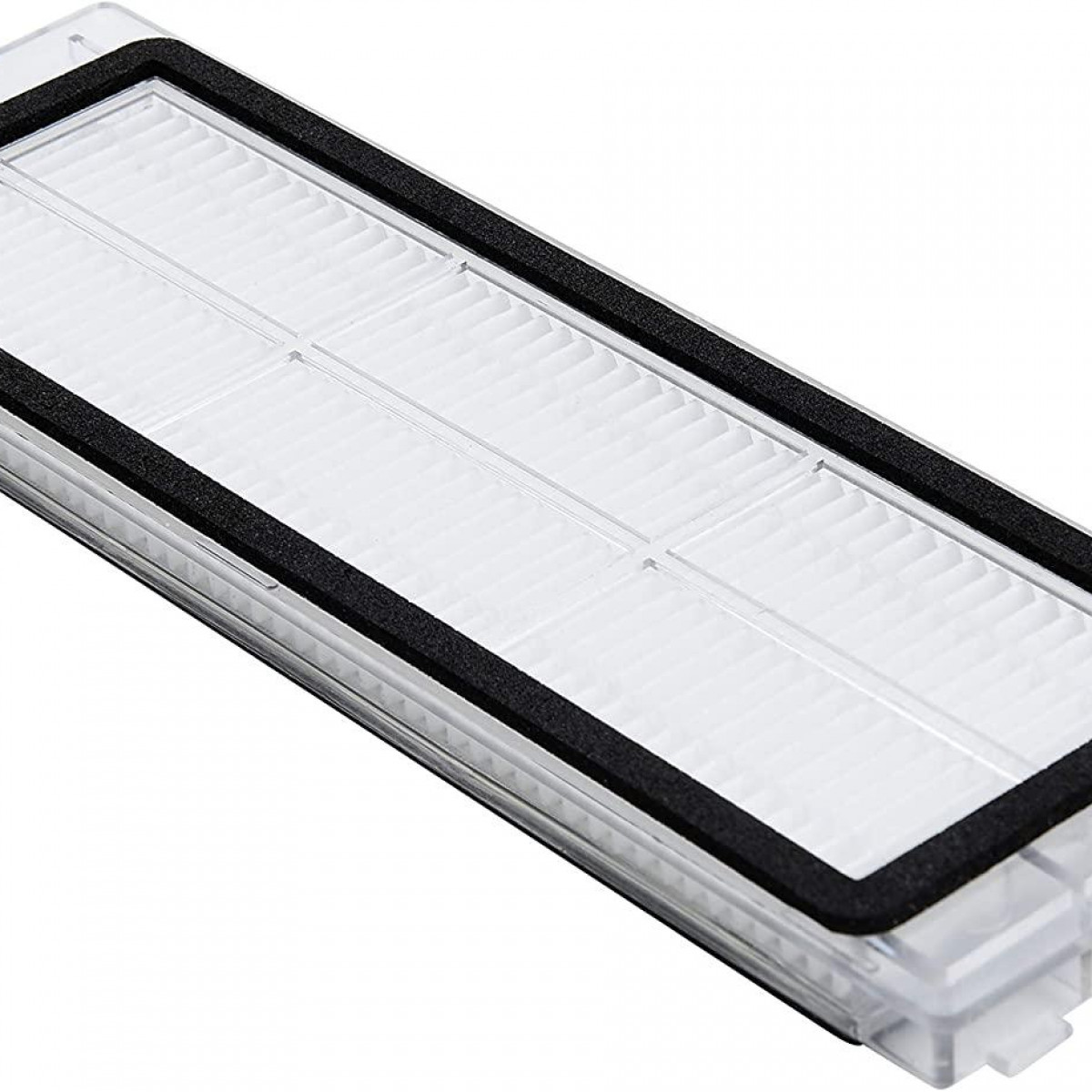 Prostokątny filtr powietrza z czarną ramką, przeznaczony do oczyszczania powietrza, na białym tle.