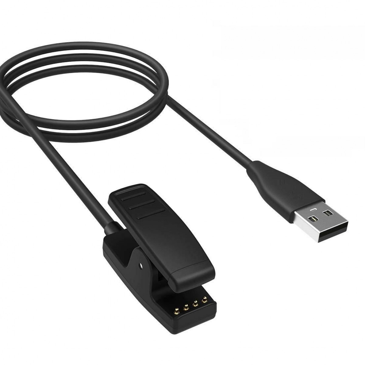 Ein schwarzes Ladekabel mit USB-Stecker und Clip-Aufsatz. Es ist für einen Fitness-Tracker.
