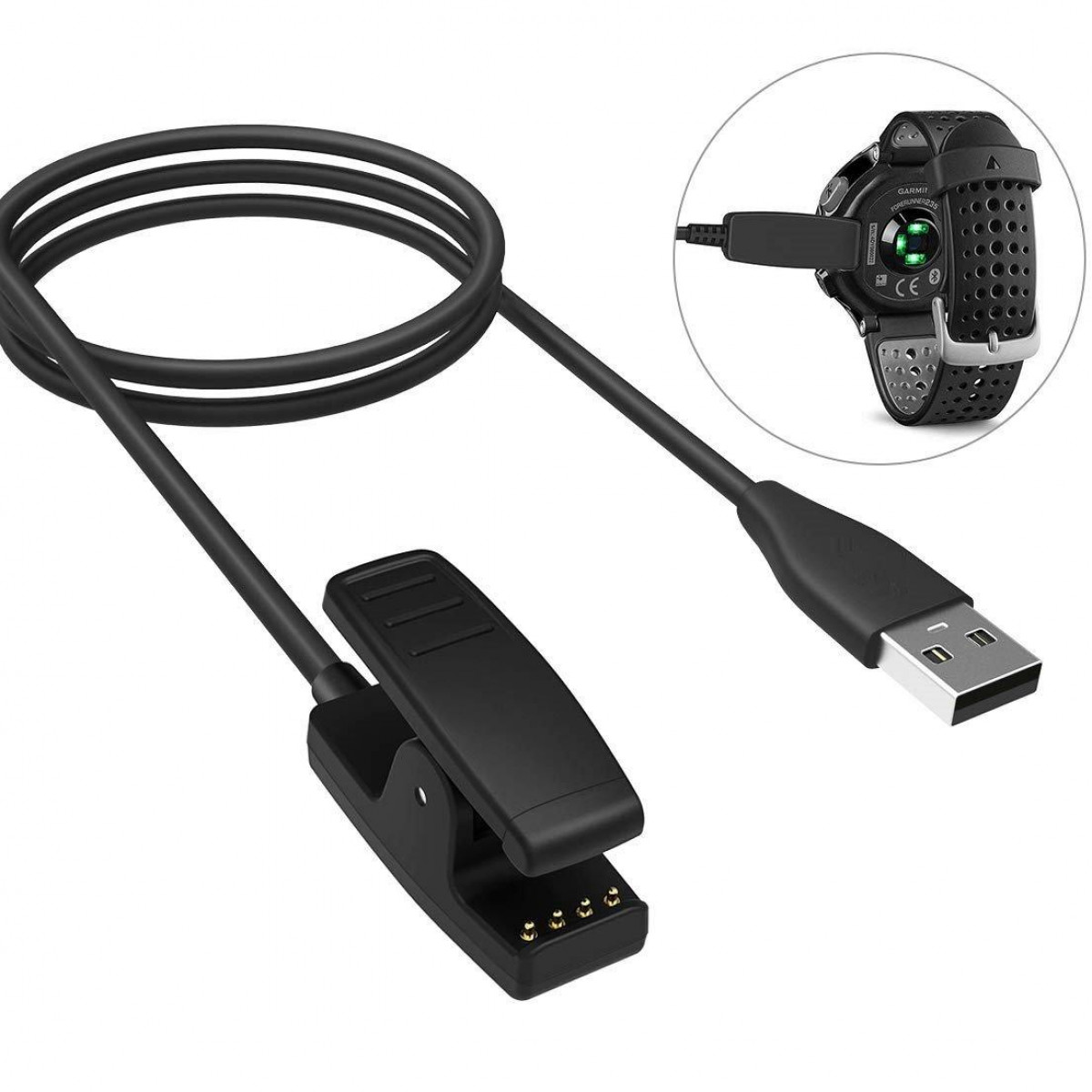 Schwarzes Ladekabel mit Clip und USB-Anschluss. Eine Uhr rechts wird geladen.
