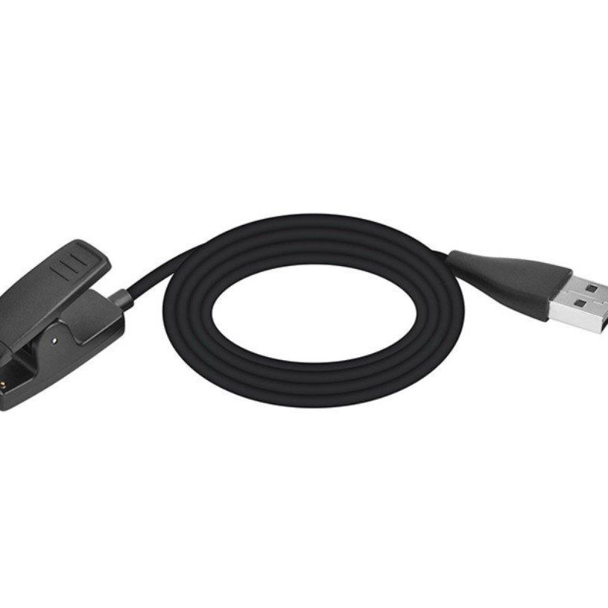 Ein schwarzes Ladekabel. Das Kabel ist gekrümmt. Weißer Hintergrund.