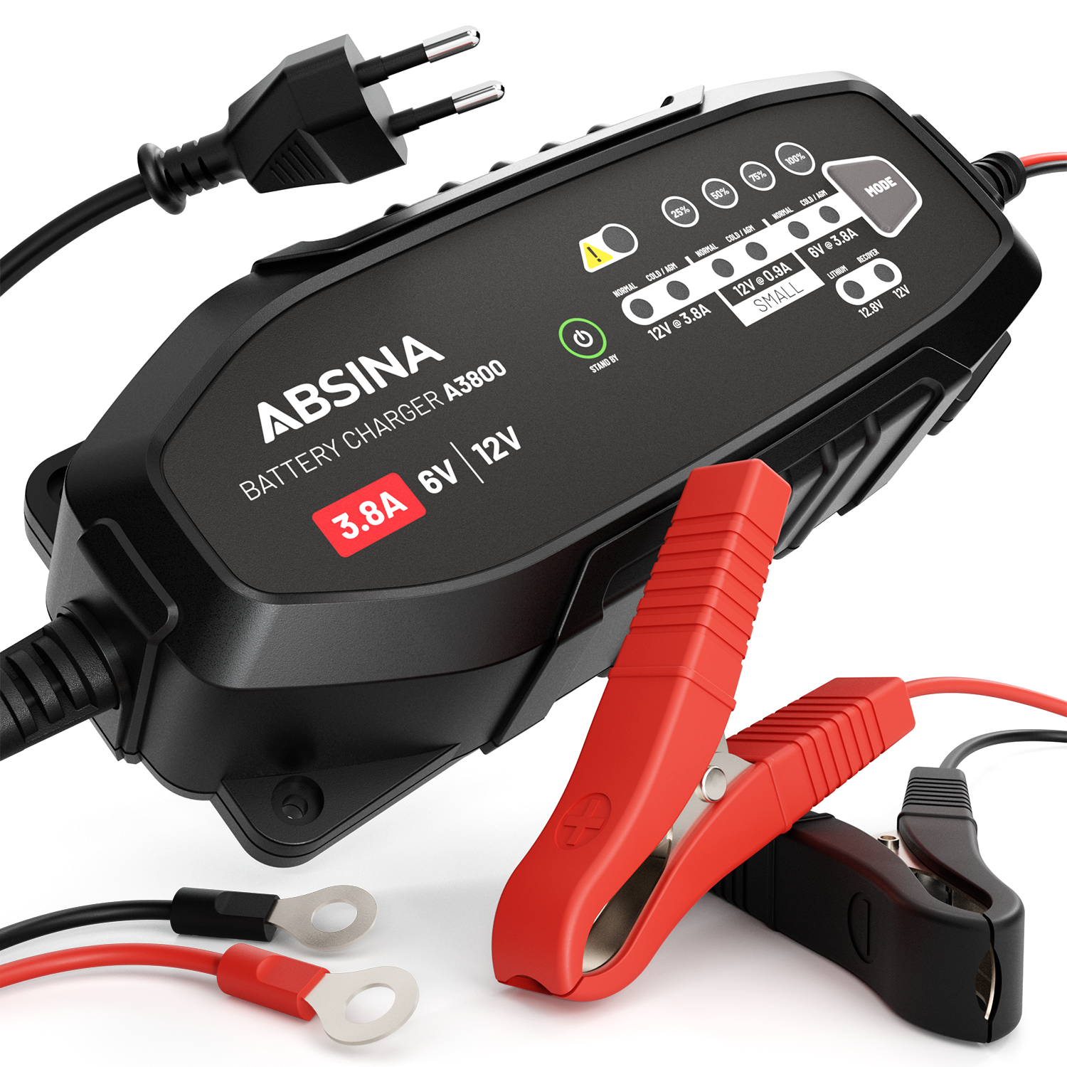Batterieladegerät mit schwarzem Gehäuse, roten Klemmen und Kabeln. Isoliert auf weißem Grund.