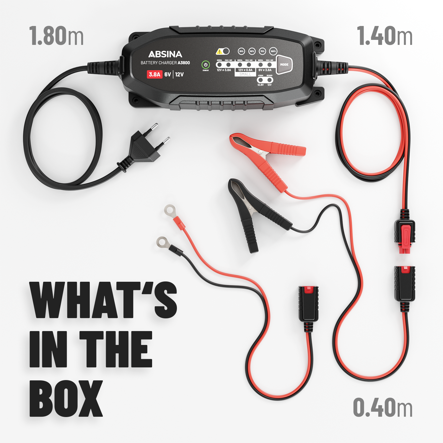 Batterieladegerät mit Kabeln und Klemmen, beschriftet mit Längen und 'Was ist in der Box'.