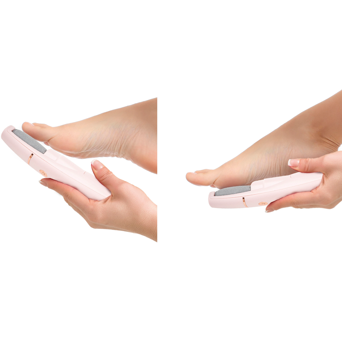 Una persona usa una lima per piedi rosa sul suo piede. Lo sfondo è bianco.