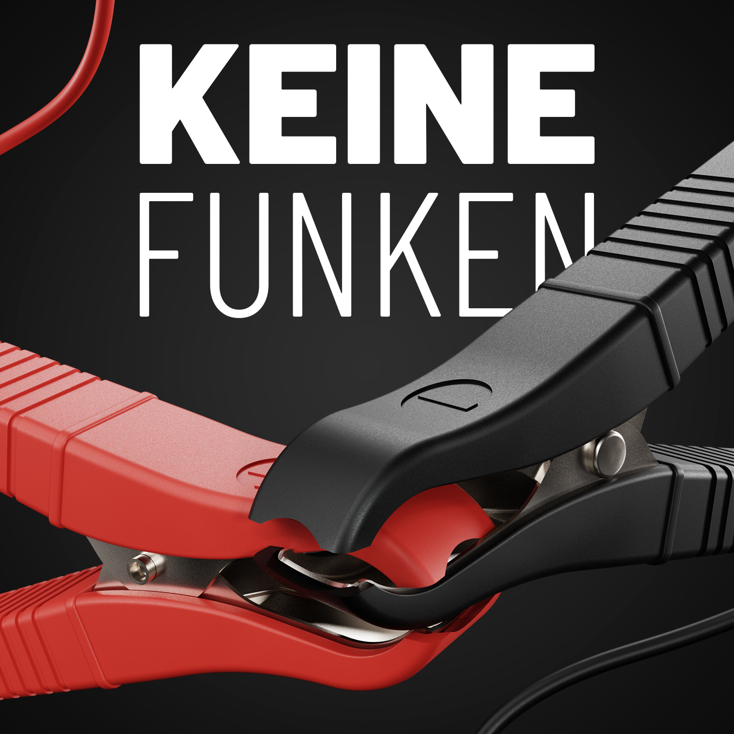 Nahaufnahme von roten und schwarzen Überbrückungskabeln. Das schwarze Kabel ist angeschlossen. Schwarzer Hintergrund.