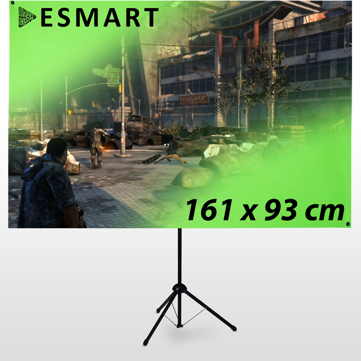 Ein großer Bildschirm zeigt eine Spielszene, montiert auf einem Stativ. Das Esmart-Logo ist sichtbar.