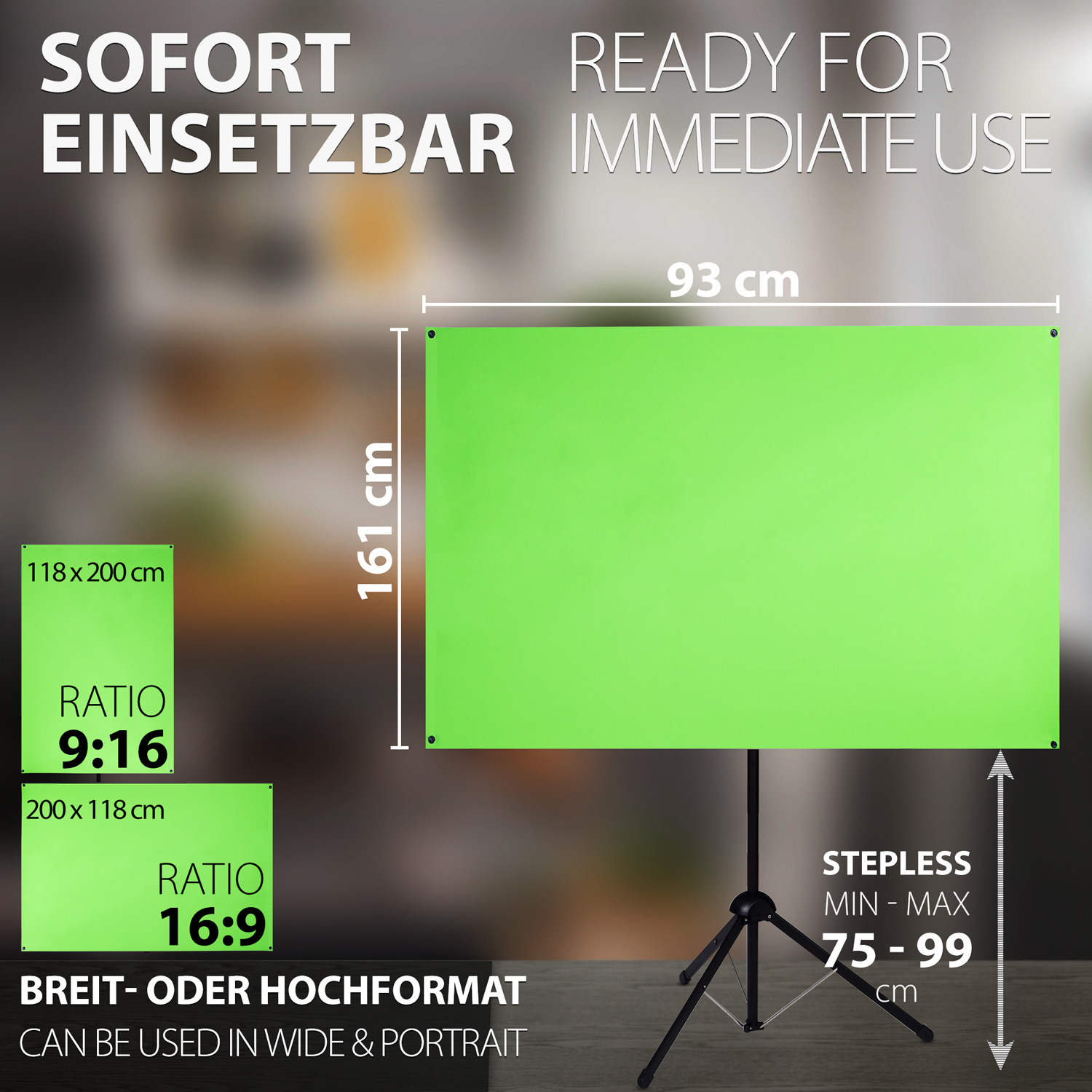 Ein Green Screen auf einem Ständer. Es ist ein großes Rechteck mit Abmessungen, das einsatzbereit ist.