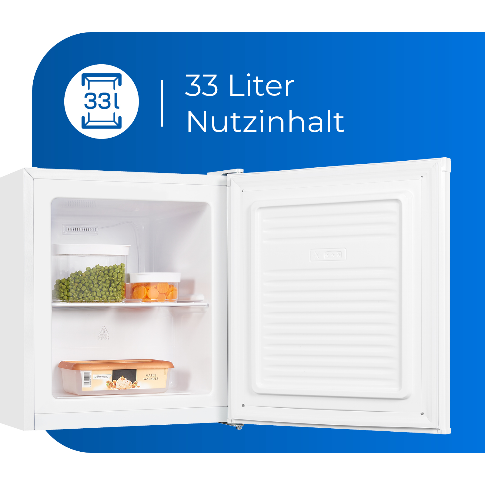 Weißer Gefrierschrank mit offener Tür. Er hat Regale mit Lebensmitteln und Text, der 33 Liter anzeigt.