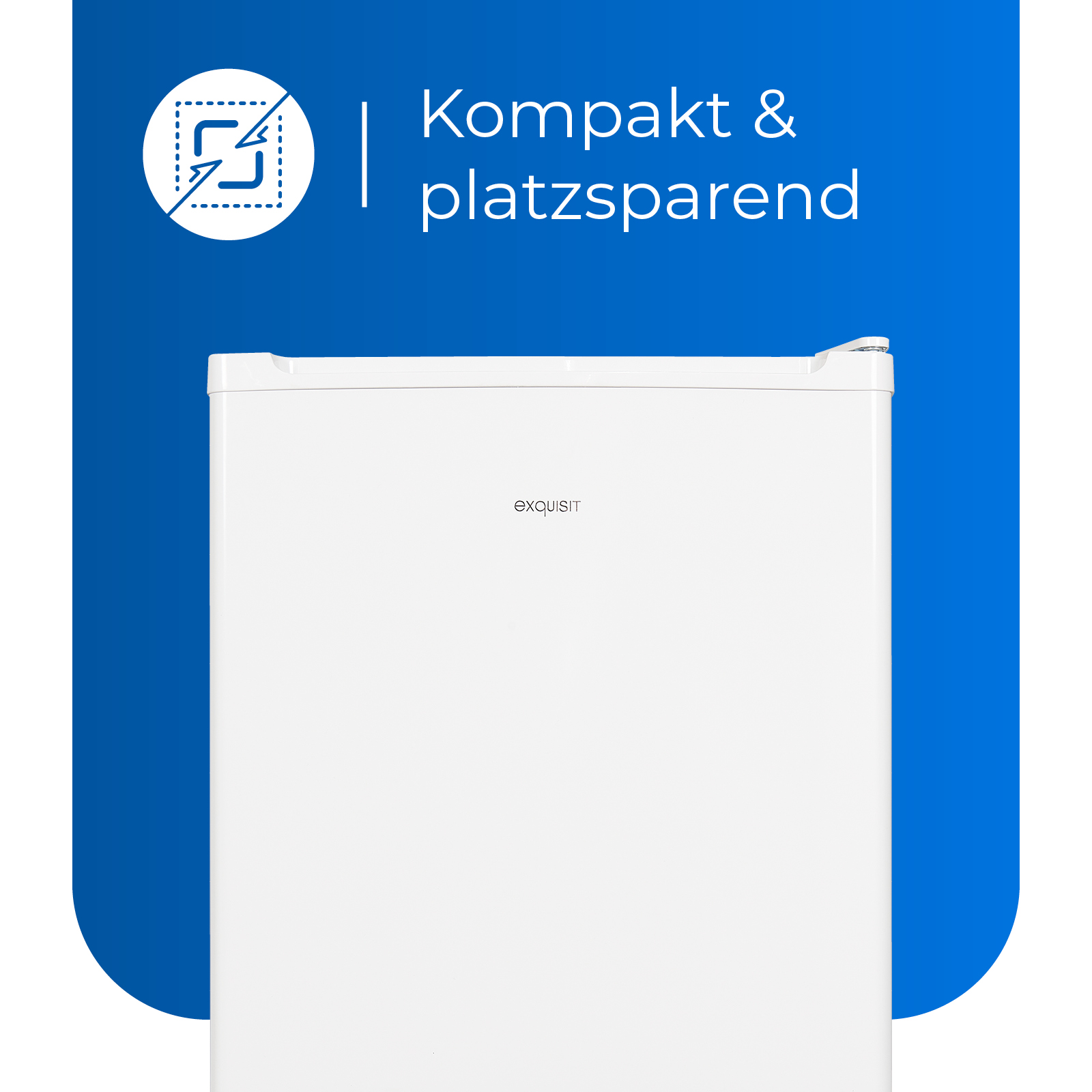 Weißer Mini-Kühlschrank mit blauem Design und Text. Weißer Hintergrund. Text: Kompakt & platzsparend.