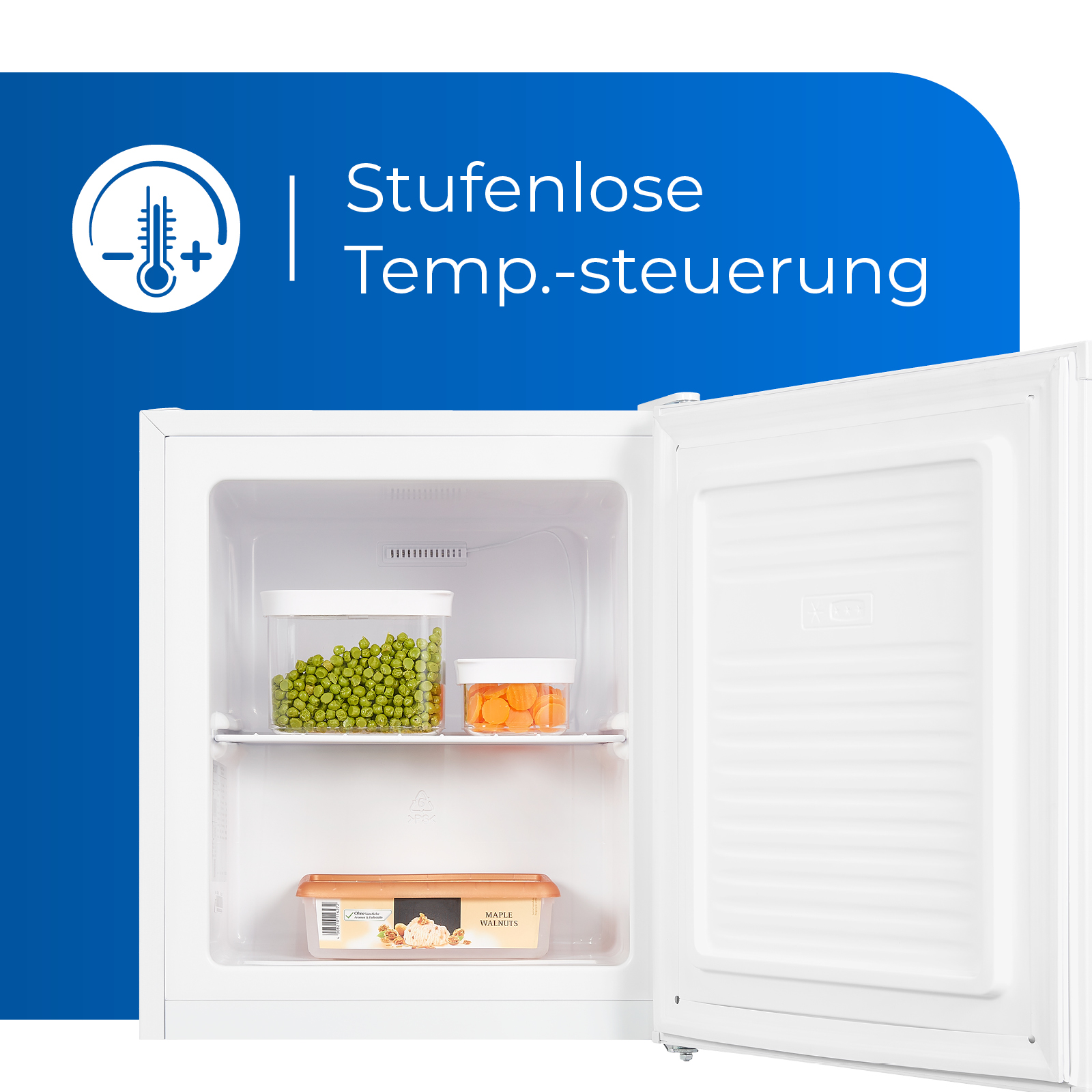Weißer Gefrierschrank mit offener Tür, mit Lebensmittelbehältern im Inneren.