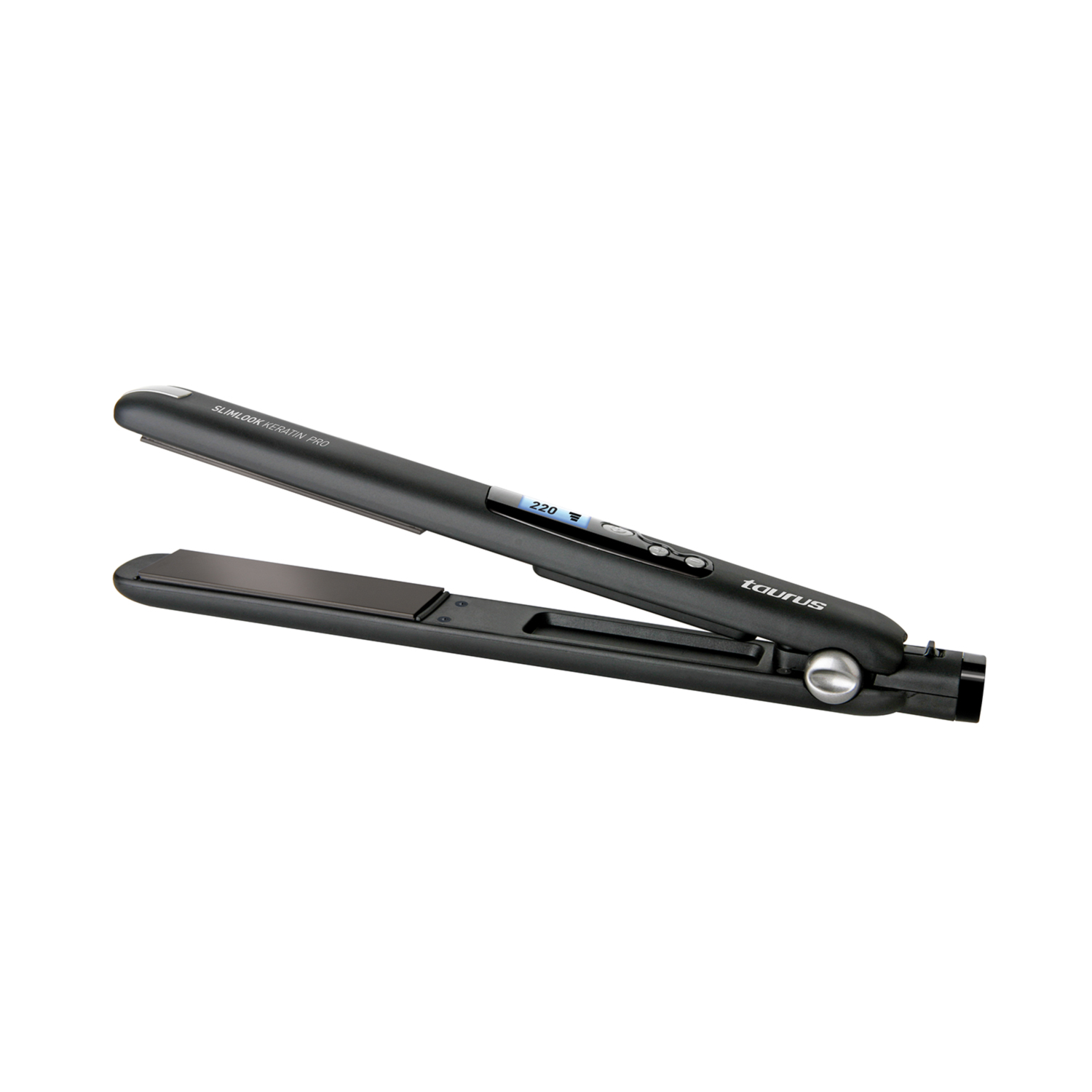 Una plancha de pelo negra abierta, mostrando la temperatura 220. Marca Taurus.