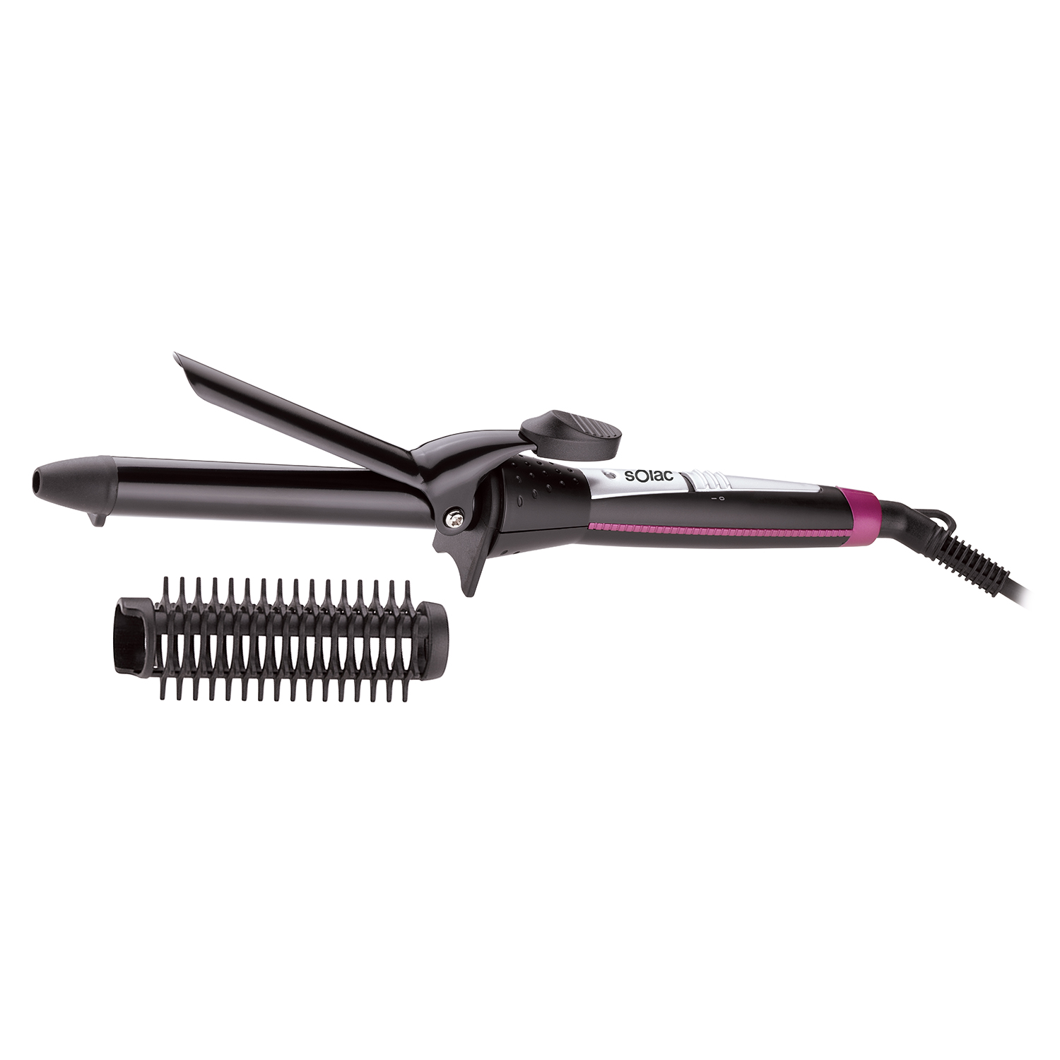 Rizador de pelo negro con un accesorio de peine. La marca 'Solac' es visible.