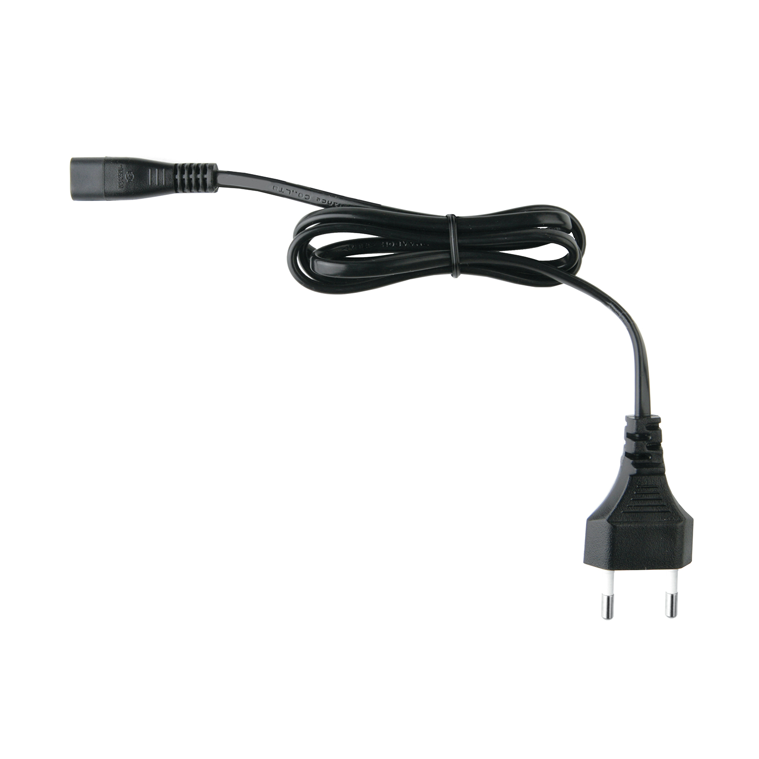 Cable de alimentación negro. Tiene un enchufe de dos clavijas y un conector hembra.