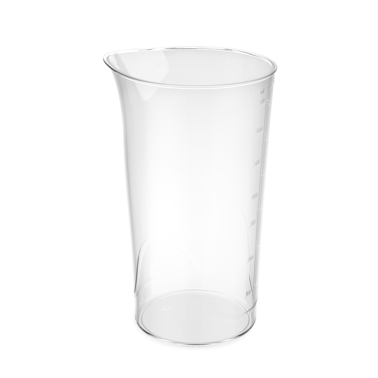 Vaso medidor de plástico transparente con marcas para diferentes volúmenes sobre fondo blanco.