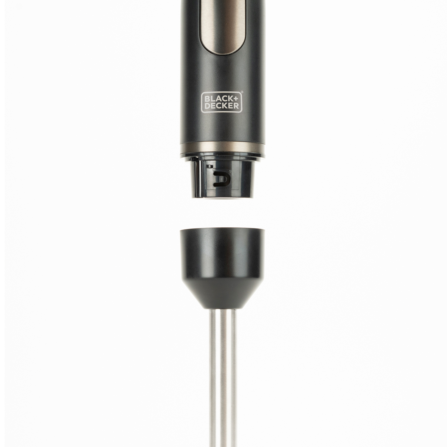 Czarny i srebrny blender ręczny z odłączoną głowicą mieszającą, pokazujący części.