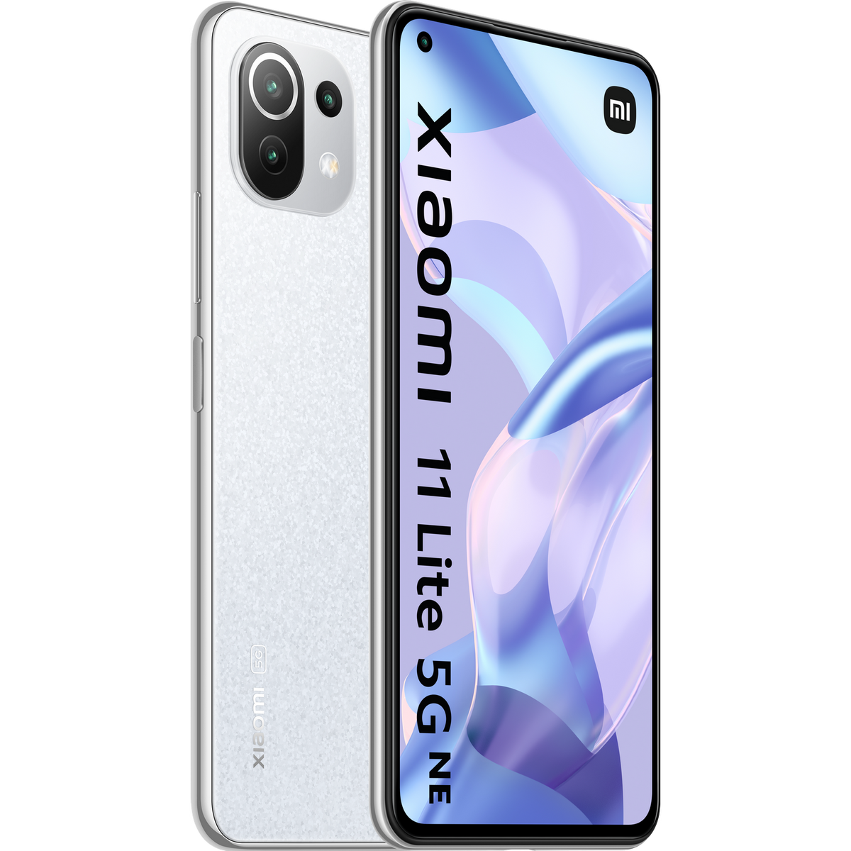 Obraz to zdjęcie studyjne białego smartfona Xiaomi 11 Lite 5G NE.