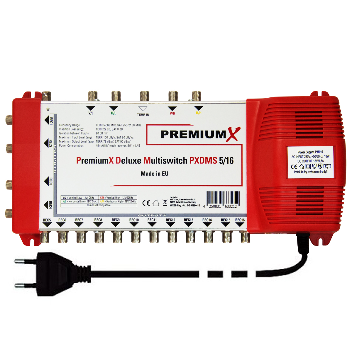 PREMIUMX DELUXE Multischalter Teilnehmer Verteiler Quad-tauglich 16 Sat-Multischalter SAT 5/16 Digital PXDMS