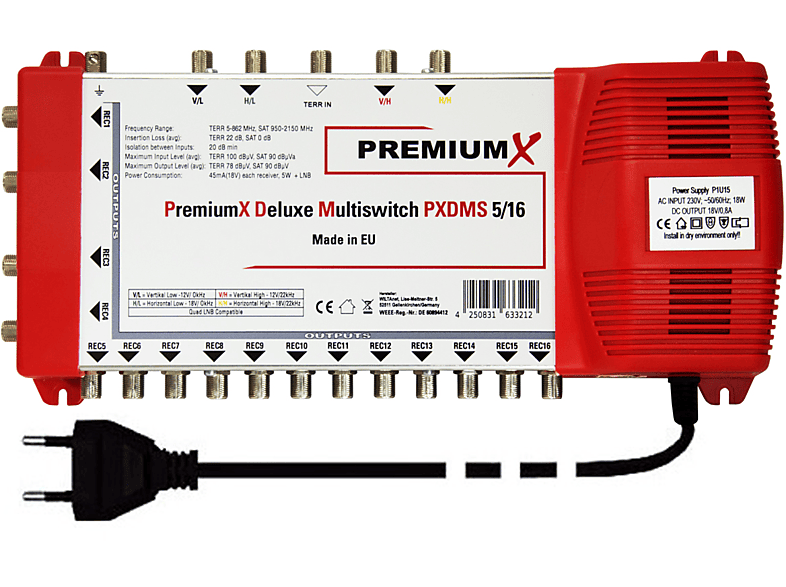PREMIUMX DELUXE Multischalter PXDMS 5/16 SAT Digital Verteiler 16 Teilnehmer Quad-tauglich Sat-Multischalter
