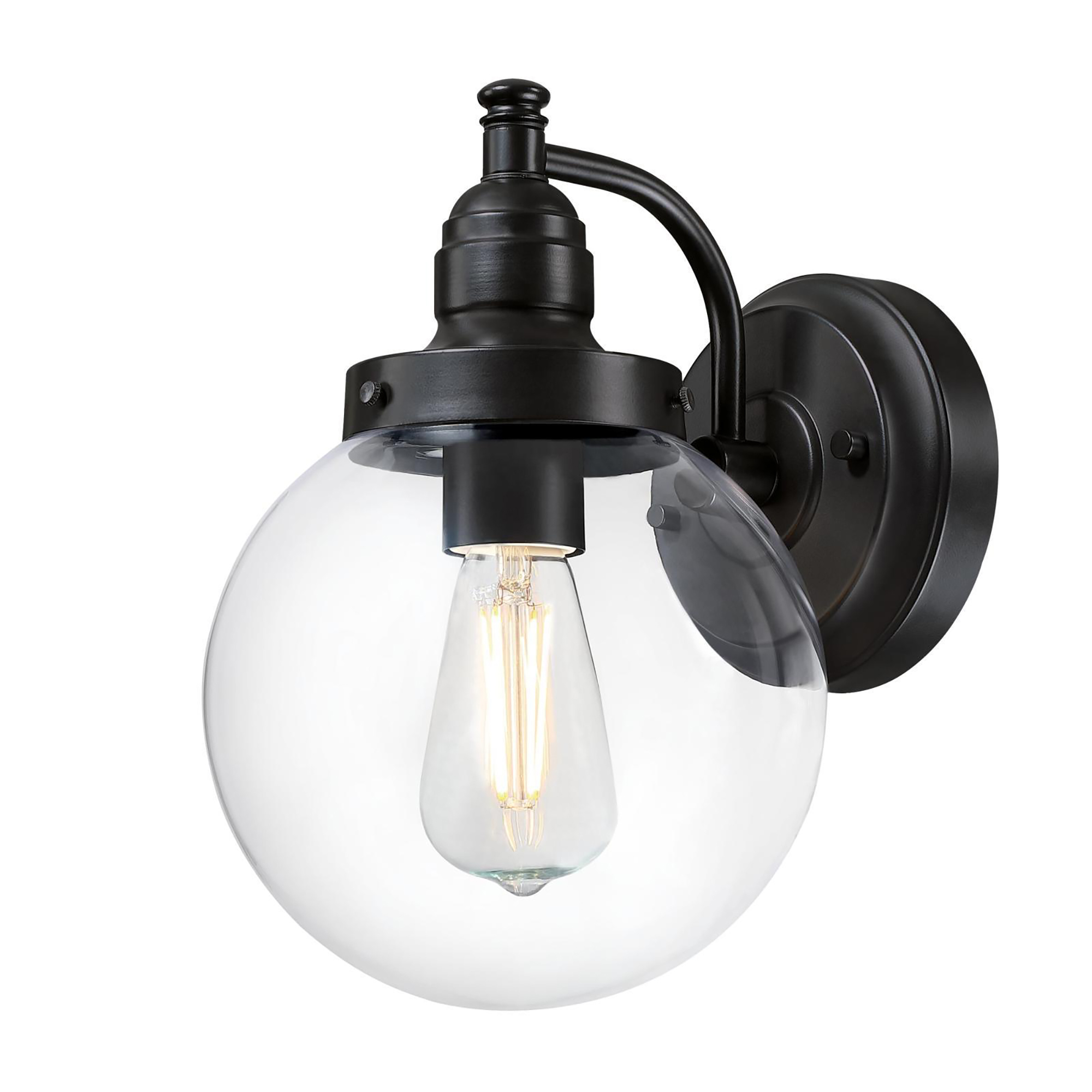 Eine schwarze Wandlampe mit einer klaren Glaskugel und einer Glühbirne darin.