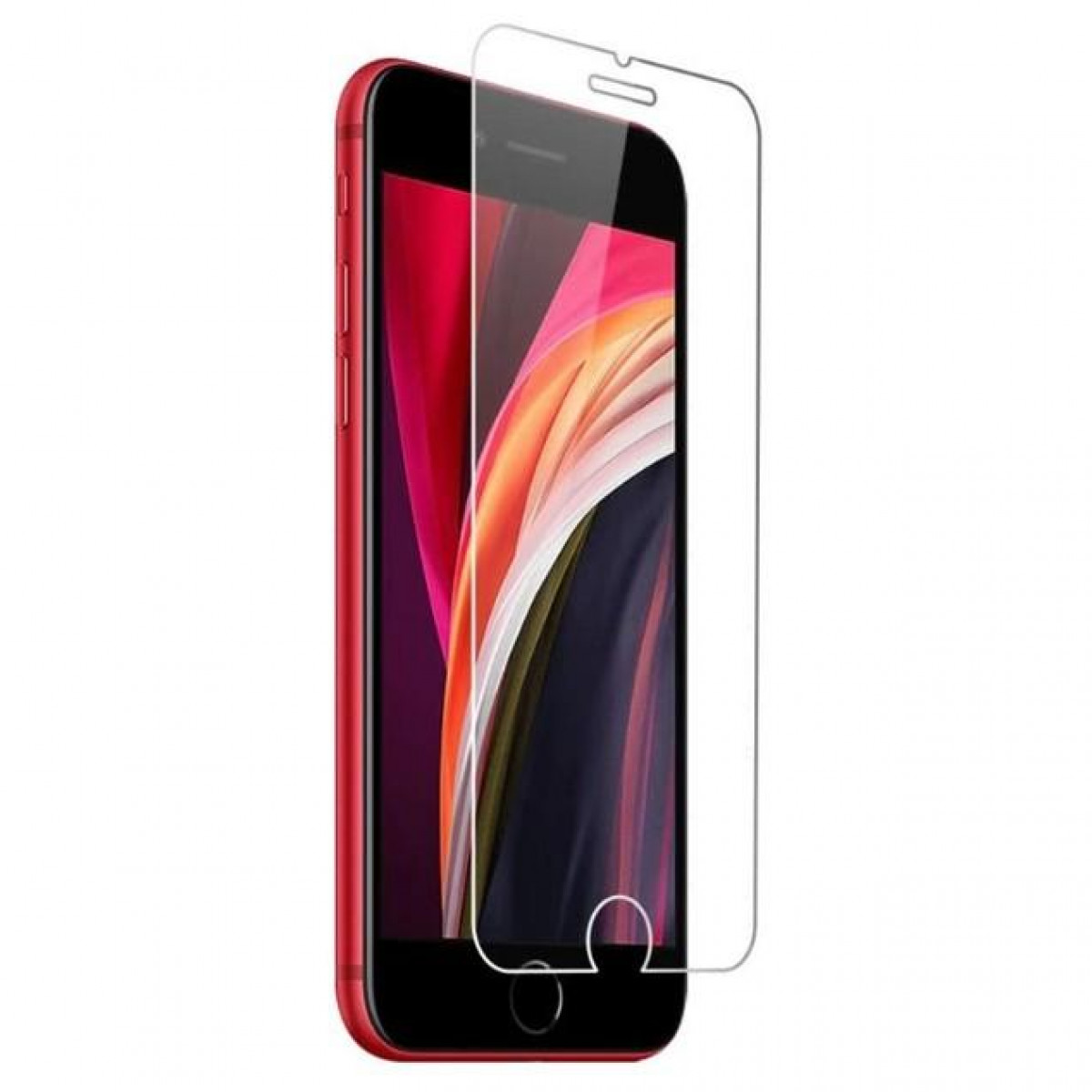 iPhone rosso con protezione schermo. Lo schermo mostra motivi astratti colorati.