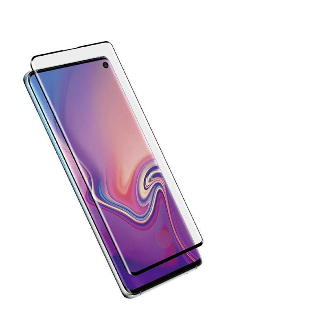 Telefonbildschirm mit Displayschutz, zeigt lilafarbenes und blaues Farbverlaufsdesign.