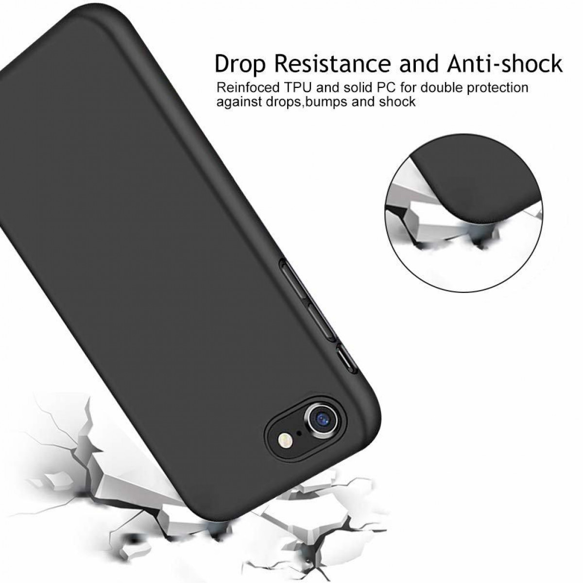 Schwarze Handyhülle auf weißer Oberfläche. Der Text auf dem Bild lautet: 'Drop Resistance and Anti-shock'.