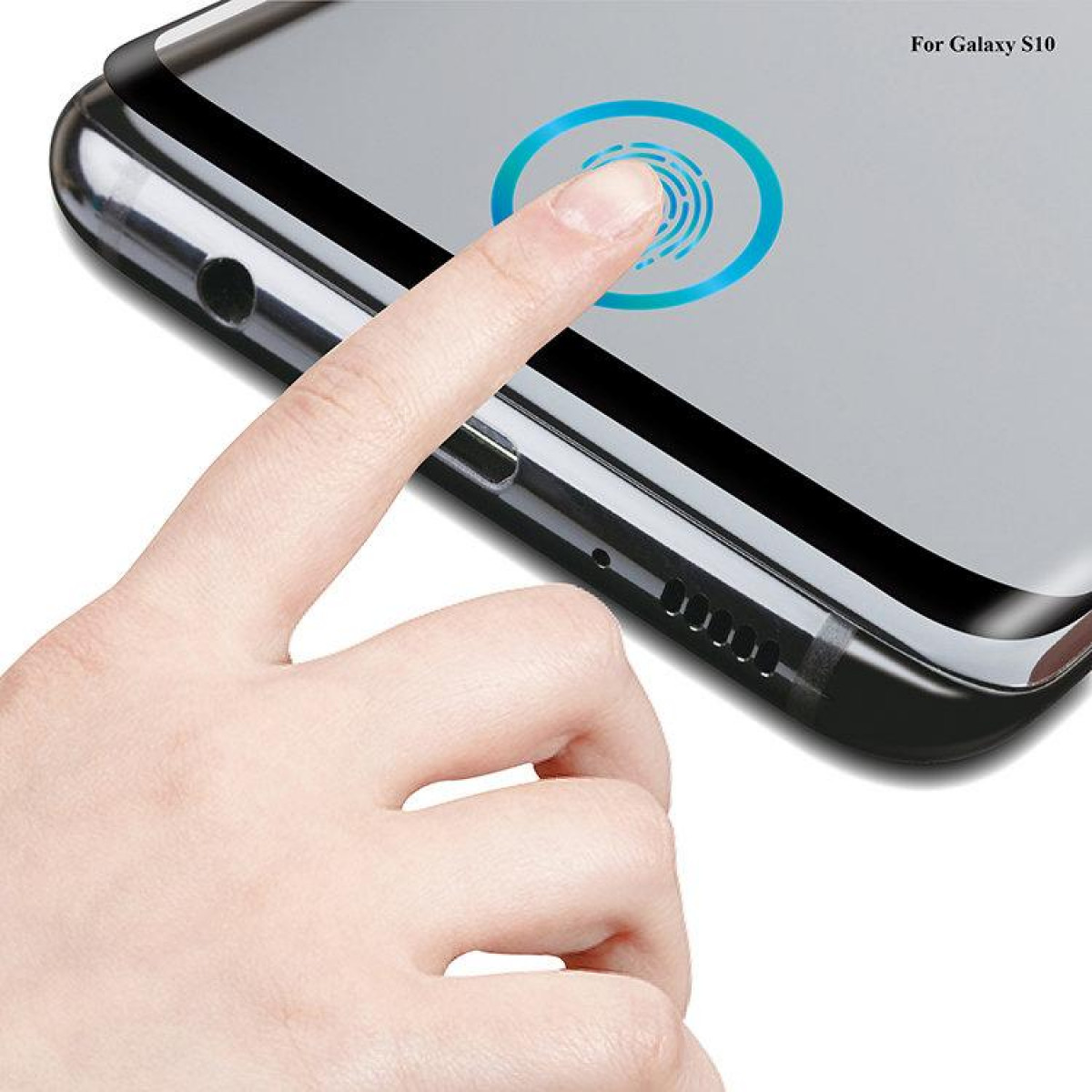 Ein Finger berührt einen Telefonbildschirm. Der Bildschirm hat ein Fingerabdrucksymbol. Das Telefon ist schwarz.