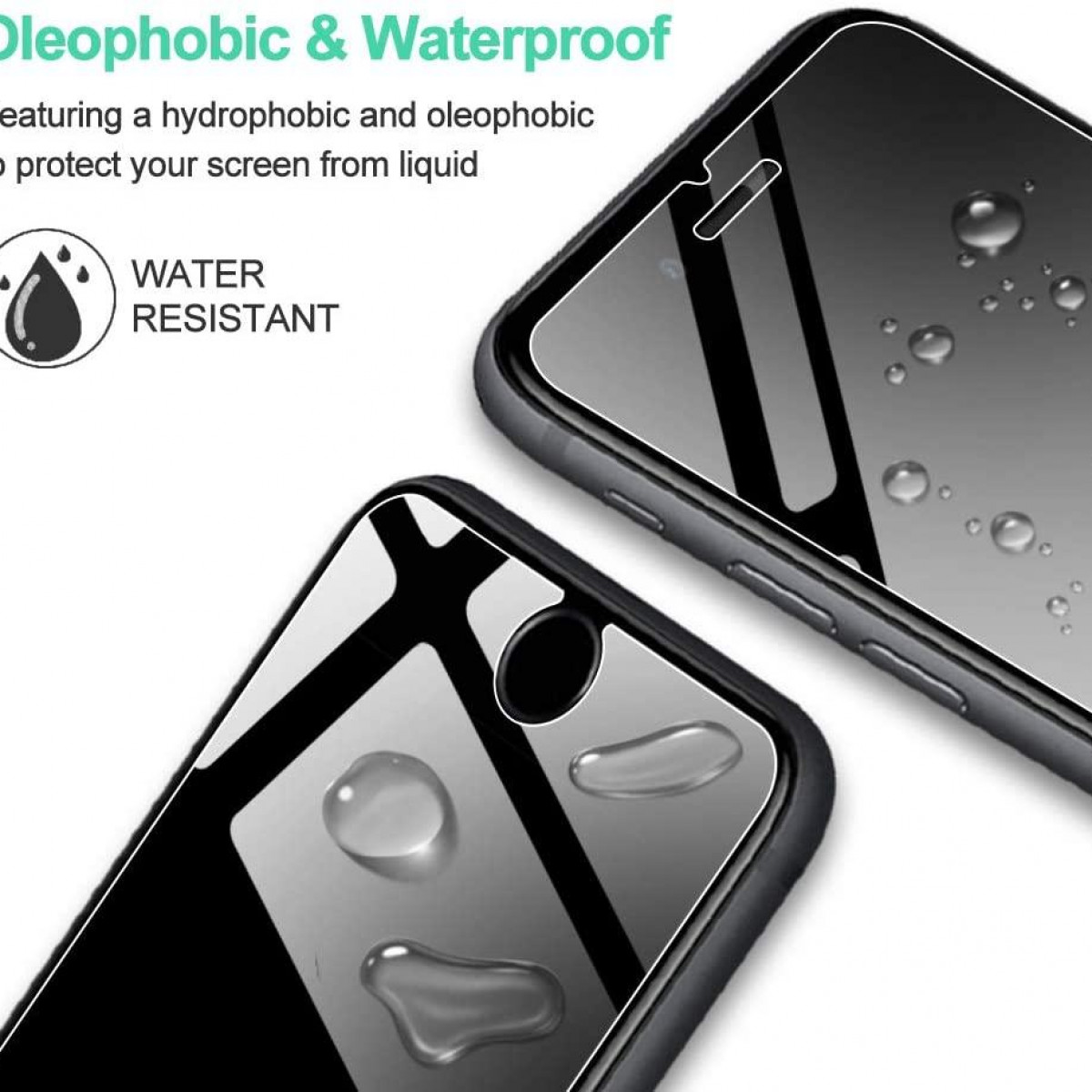 Due telefoni con protezioni per lo schermo. Gocce d'acqua sullo schermo, il testo dice 'Water Resistant'.