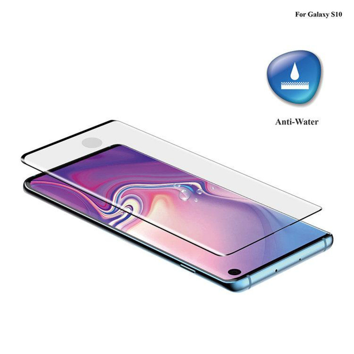 Ein Displayschutz liegt auf einem Telefon. Das Telefon ist blau und hat eine Dreifachkamera.