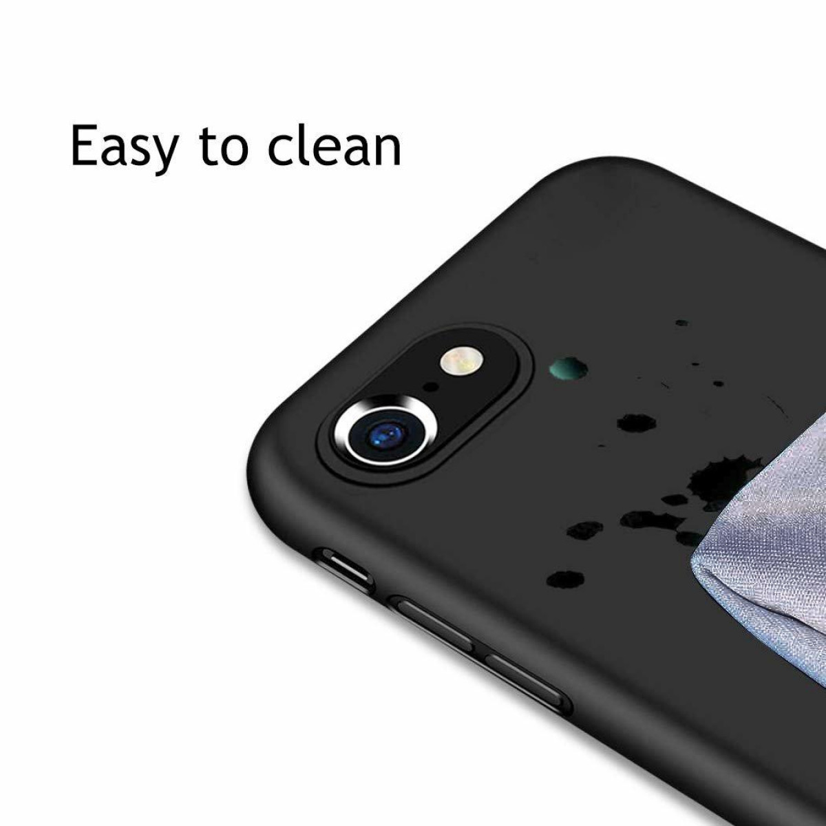 Schwarze Handyhülle. Text: "Easy to clean". Ein nasser Fleck ist sichtbar.