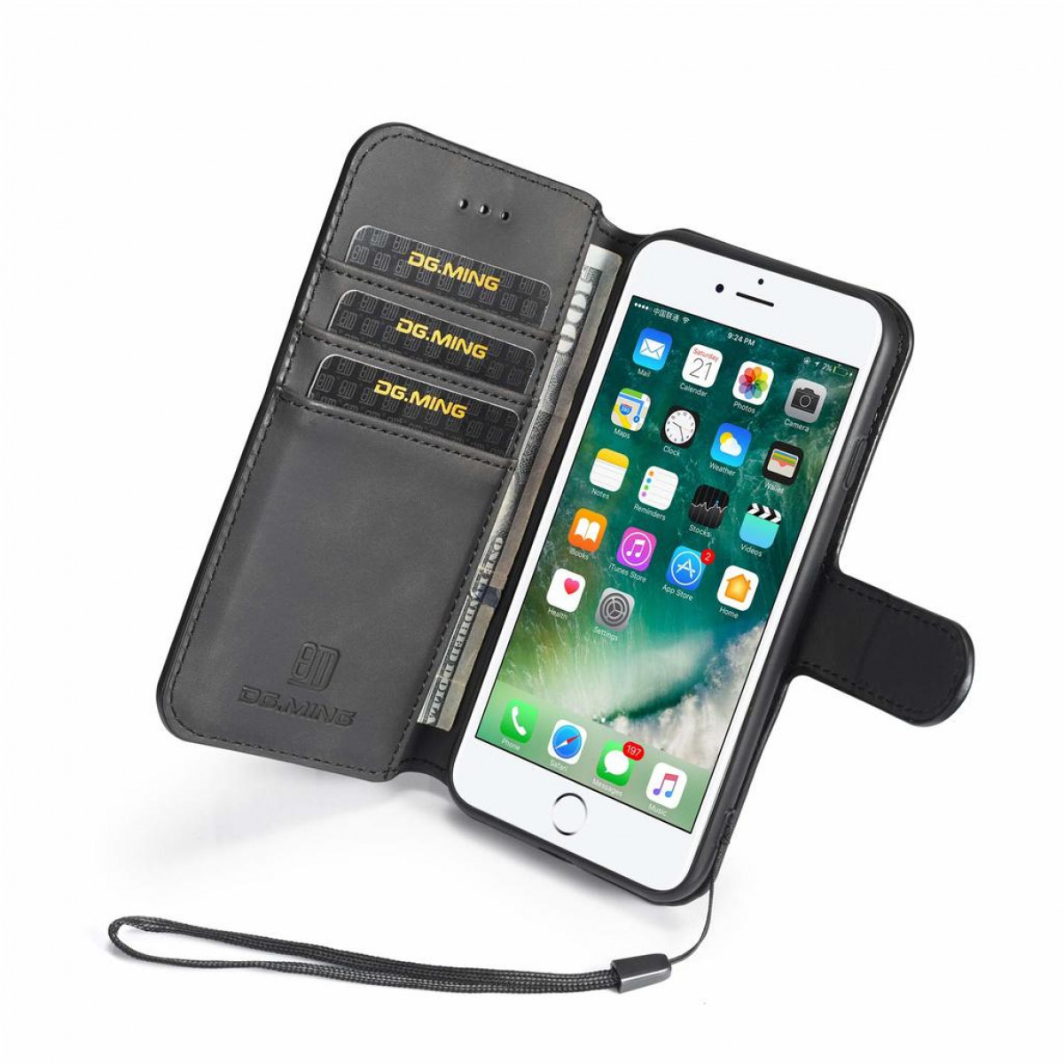 Otwarty czarny skórzany futerał na telefon z telefonem i kartami w środku. Ekran telefonu wyświetla aplikacje i datę.