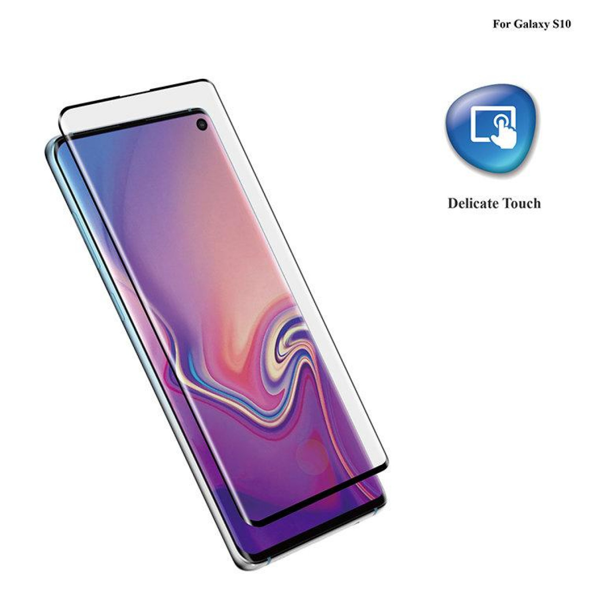 Telefon mit Displayschutz, klares Glas. Symbol und Text 'Delicate Touch' auf weißem Hintergrund.