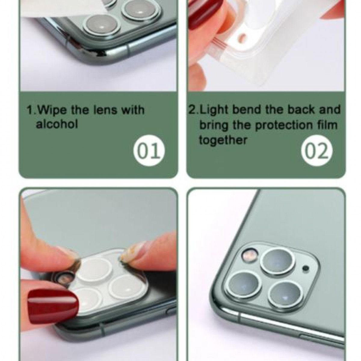 Kroki instalacji osłony obiektywu w telefonie. Wytrzyj obiektyw alkoholem, zagnij folię i zainstaluj.