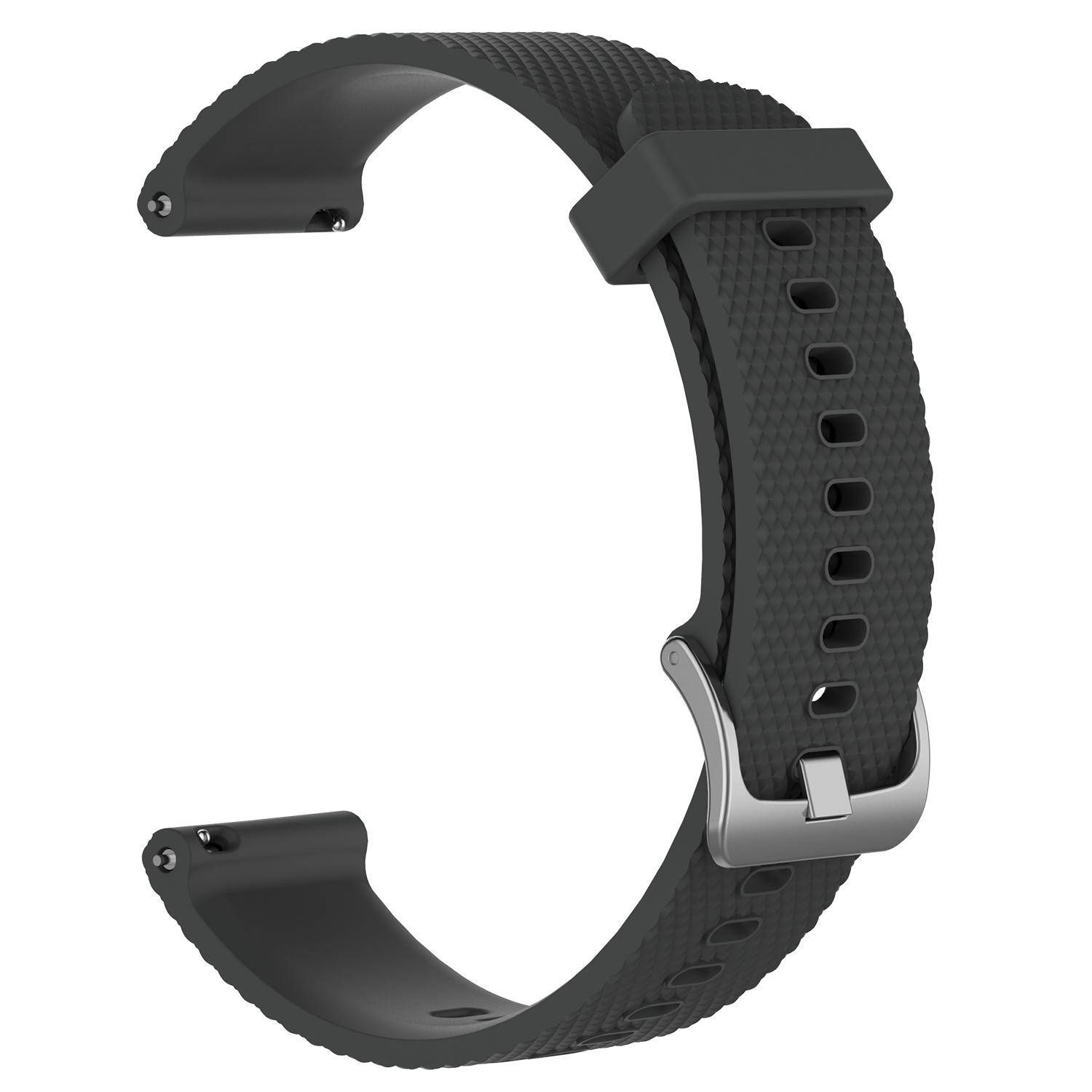 Schwarzes Uhrenarmband mit strukturiertem Muster. Es hat eine Metallschnalle und zwei kleine Stifte.