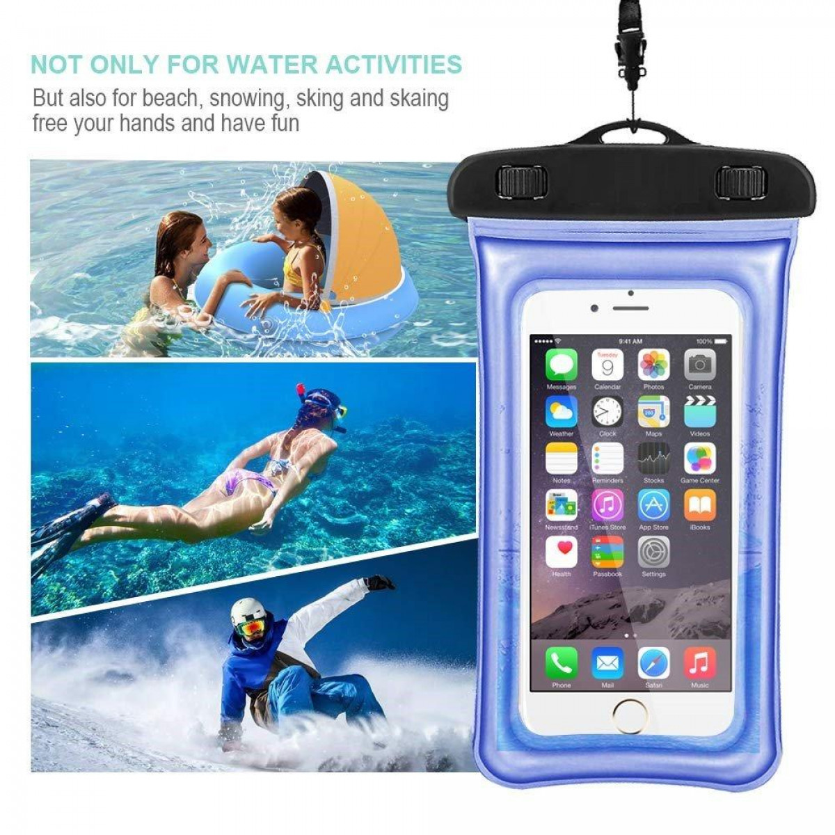 Eine wasserdichte Handyhülle mit Menschen im Wasser. Ein Telefonbildschirm ist sichtbar.