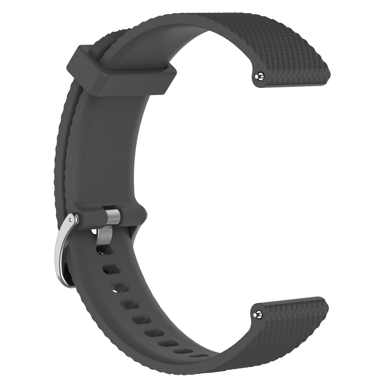 Ein dunkelgraues Uhrenarmband mit einer silbernen Schnalle.