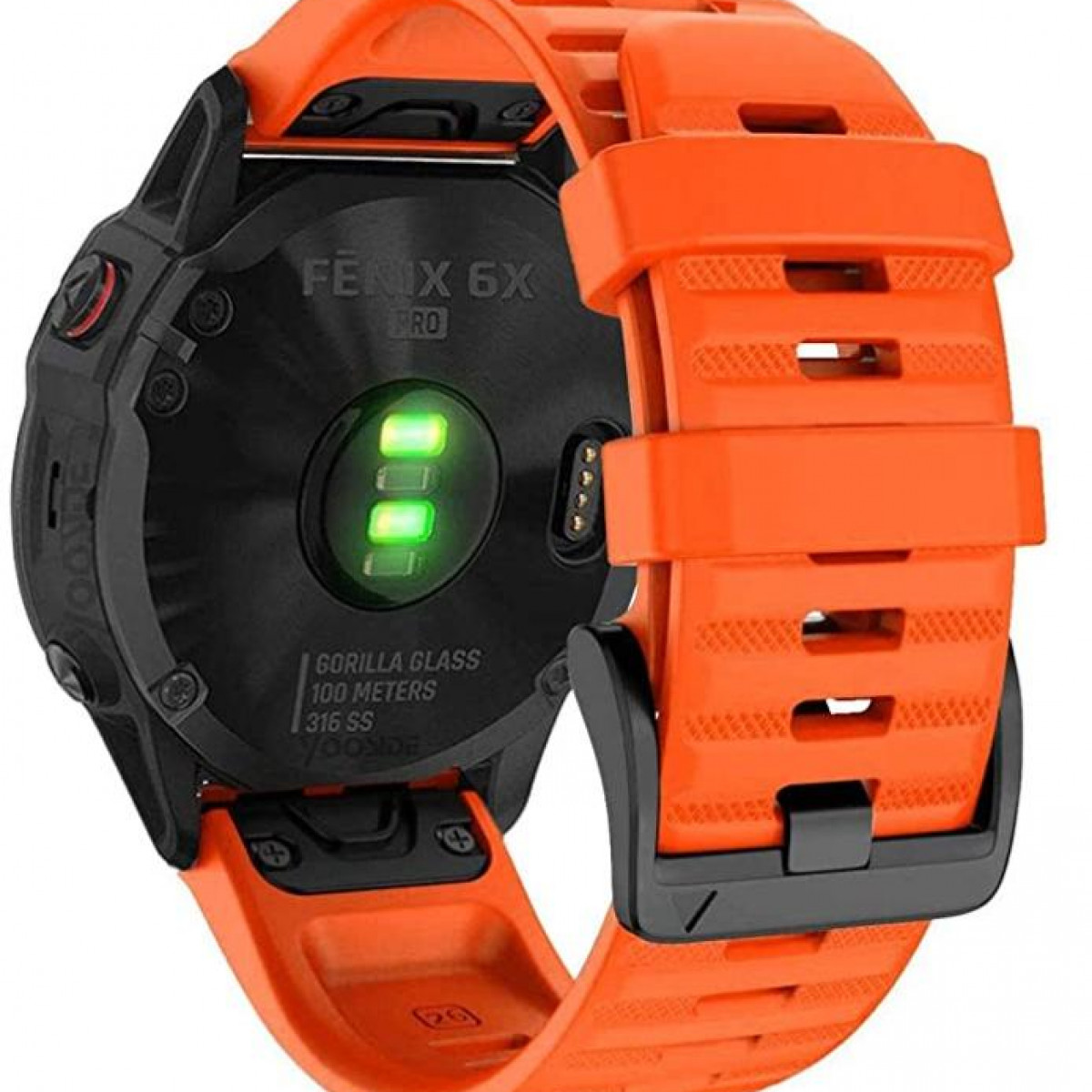 Smartwatch Garmin Fenix 6X Pro z pomarańczowym paskiem. Widoczny spód.
