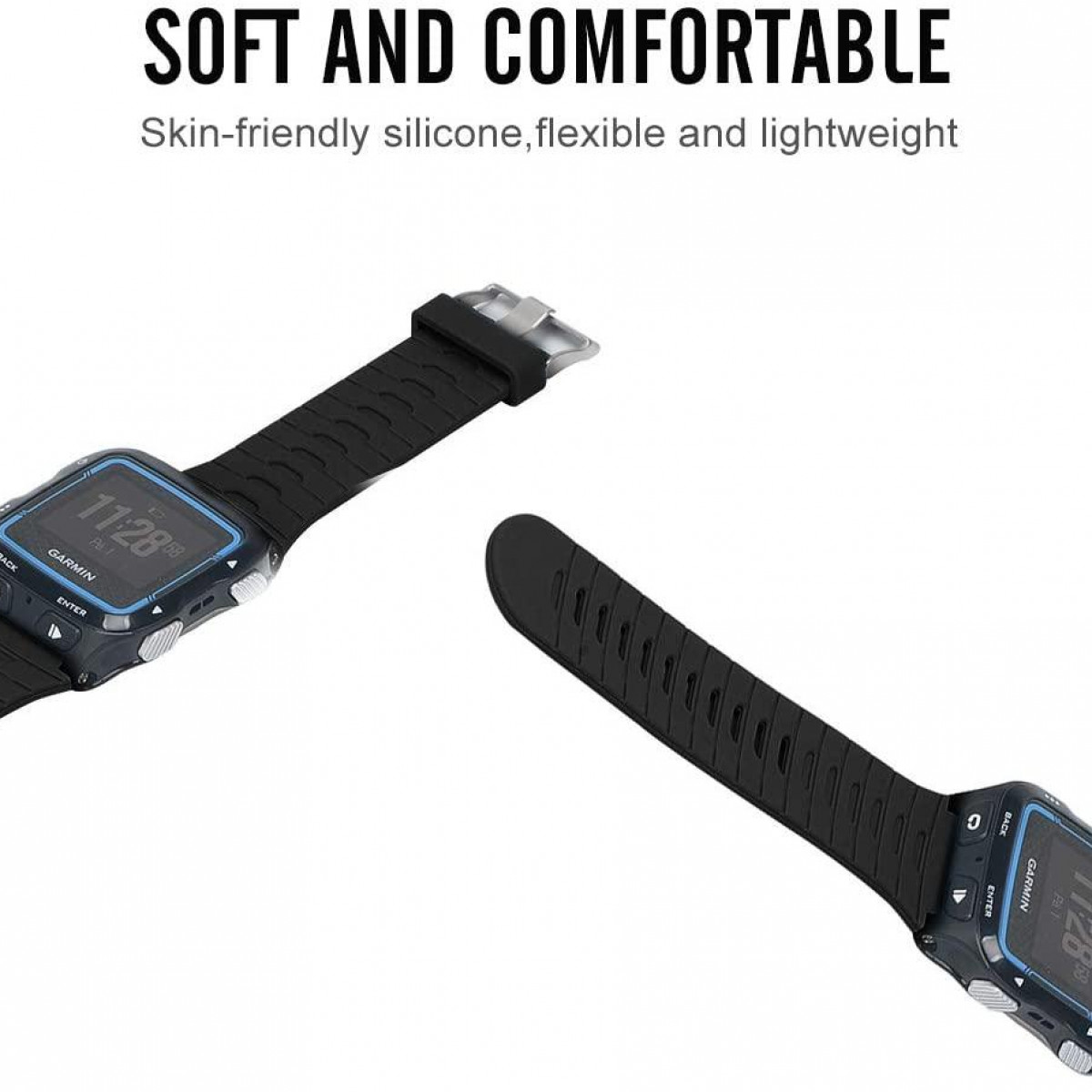 Dwa czarne smartwatche z czarnymi paskami. Jeden pokazuje godzinę. Tło jest białe.