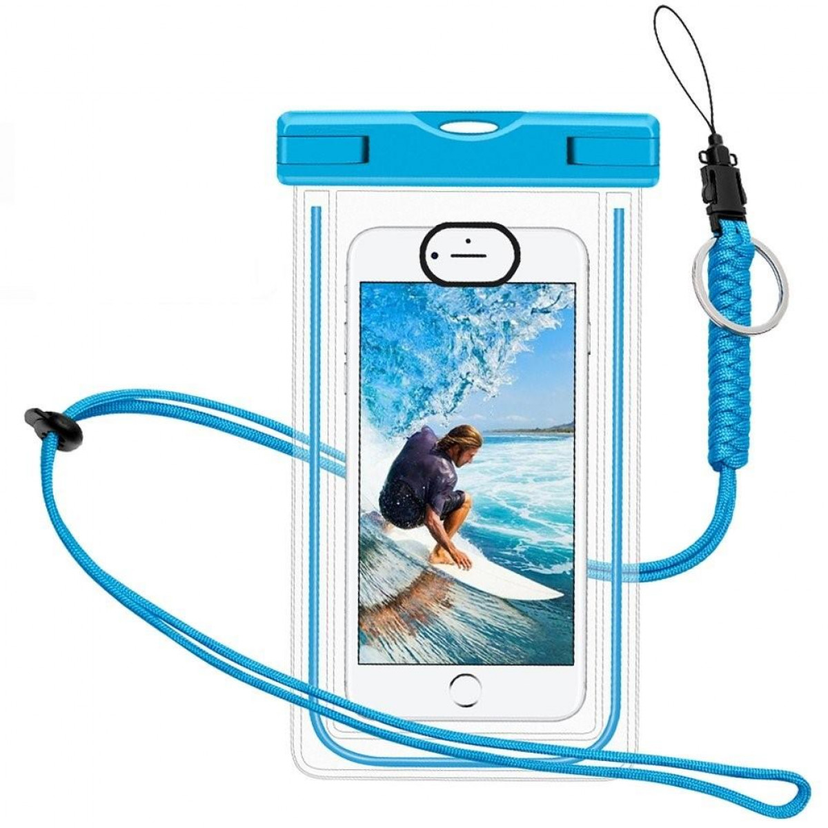 Teléfono en funda impermeable. Un surfista surfea una ola en la pantalla.