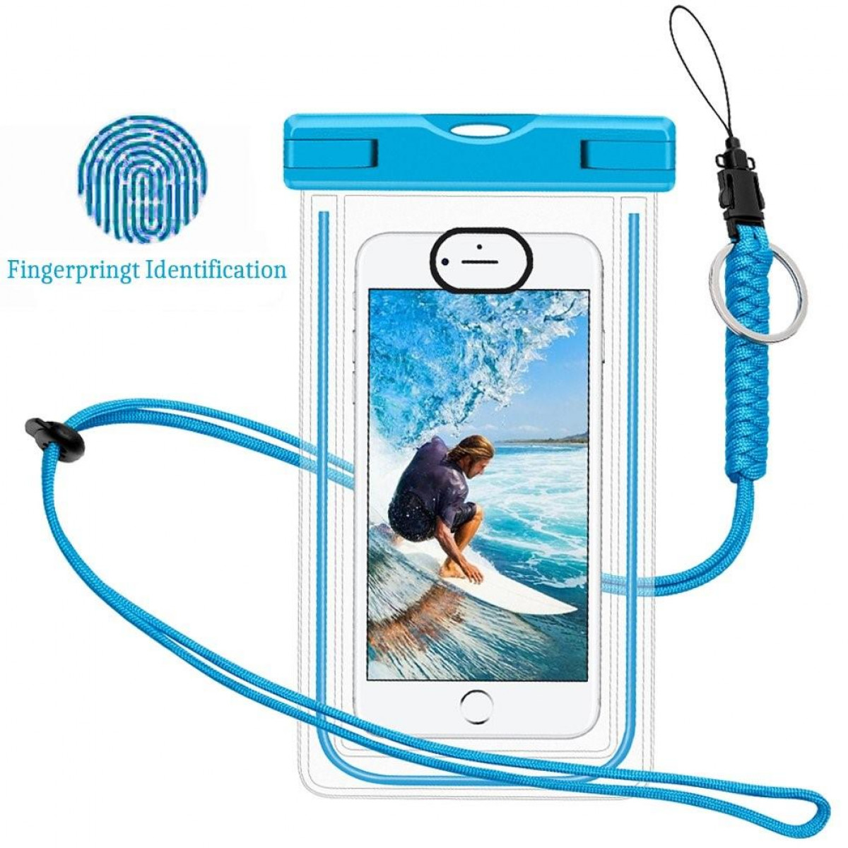 Funda impermeable para teléfono con teléfono dentro. El teléfono muestra un surfista en las olas.
