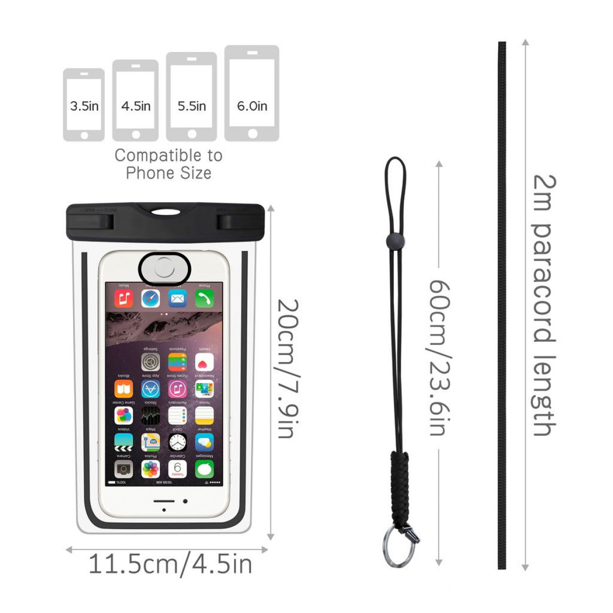 Una funda impermeable para teléfono con un teléfono dentro y un cordón negro con medidas.