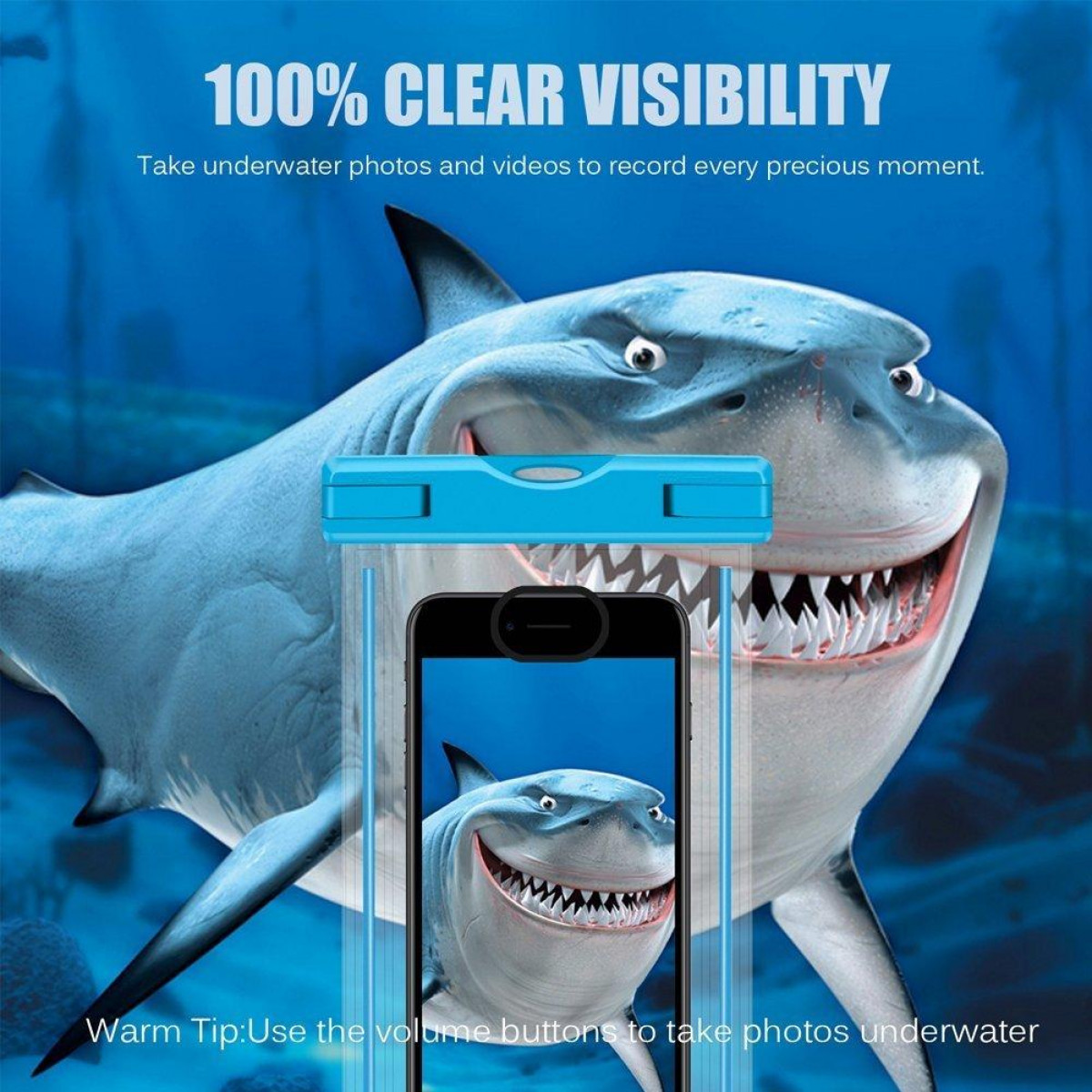 Un tiburón en una funda de teléfono impermeable bajo el agua. El teléfono muestra una foto de tiburón.