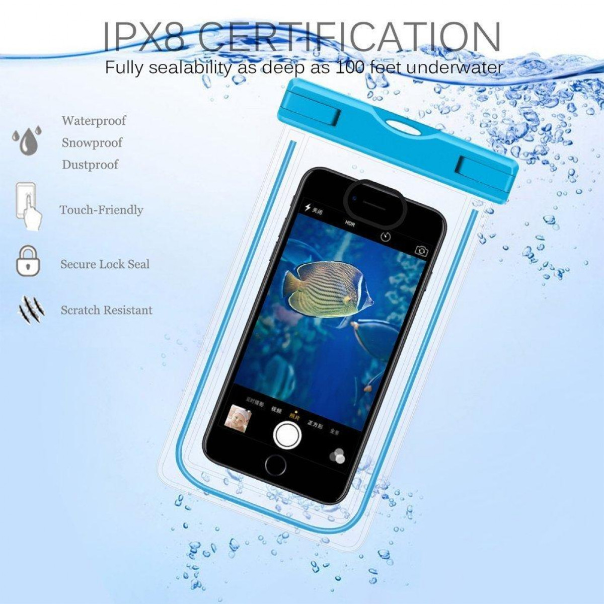 Funda de teléfono impermeable transparente con teléfono dentro. Características: impermeable, a prueba de nieve, polvo.