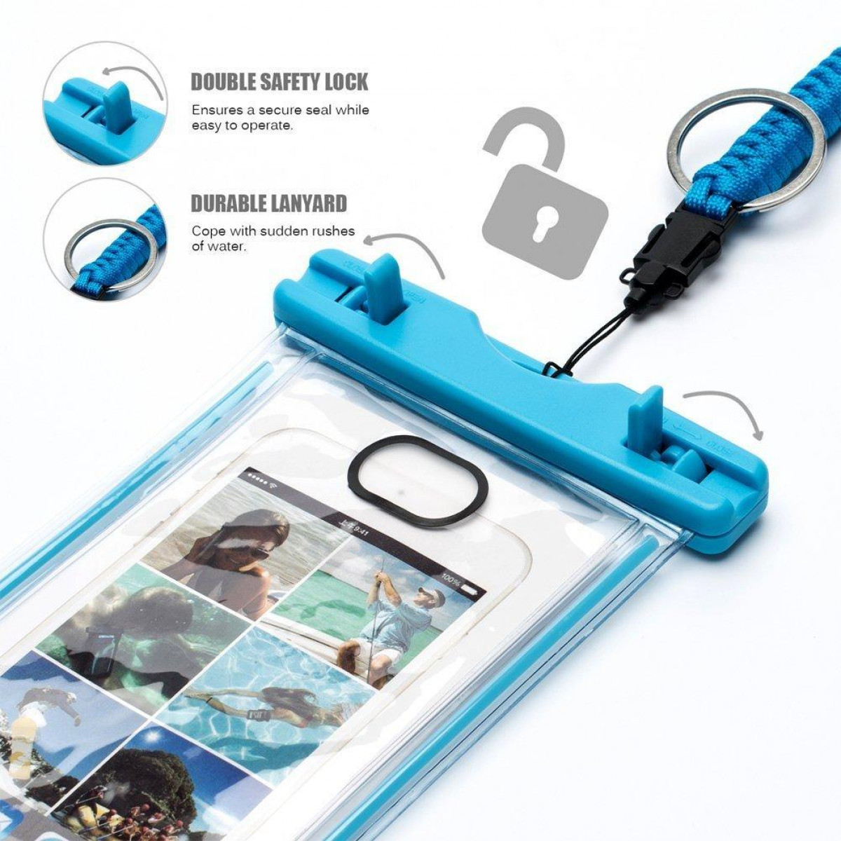 Funda impermeable para teléfono con teléfono dentro, mostrando fotos de agua y un cordón azul.