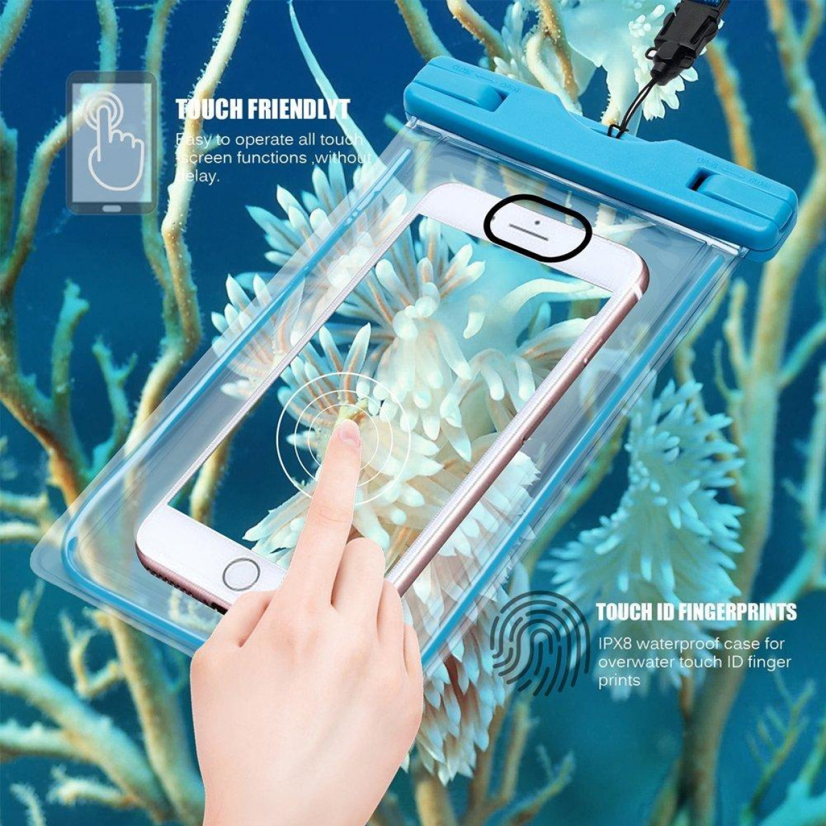 Teléfono en funda impermeable, mano tocando la pantalla. Fondo con plantas submarinas.