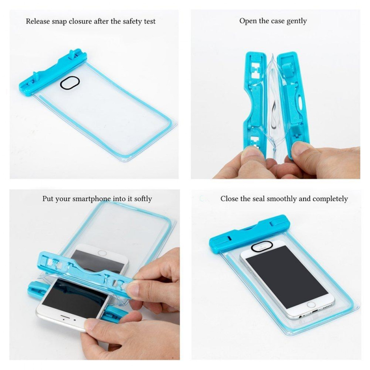 Cuatro imágenes muestran un teléfono colocándose en una funda impermeable.