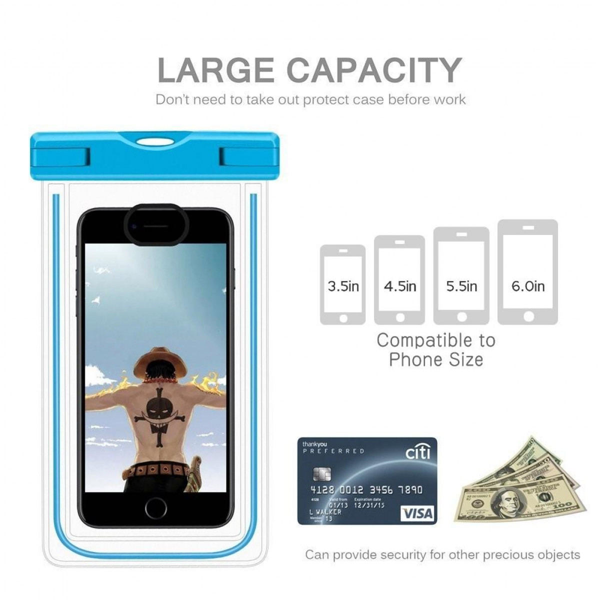 Funda impermeable para teléfono con teléfono mostrando tatuaje, tarjeta de crédito y efectivo, con guías de tamaño.