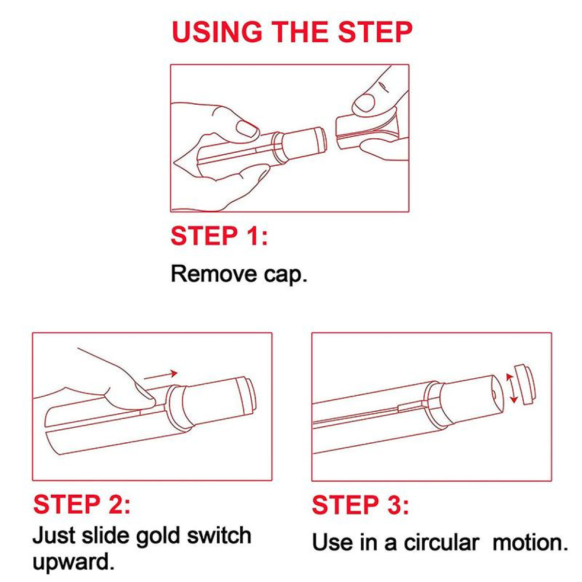 Instrukcje dotyczące używania sztyftu kosmetycznego: zdejmij nasadkę, przesuń złoty przełącznik i używaj ruchem okrężnym.