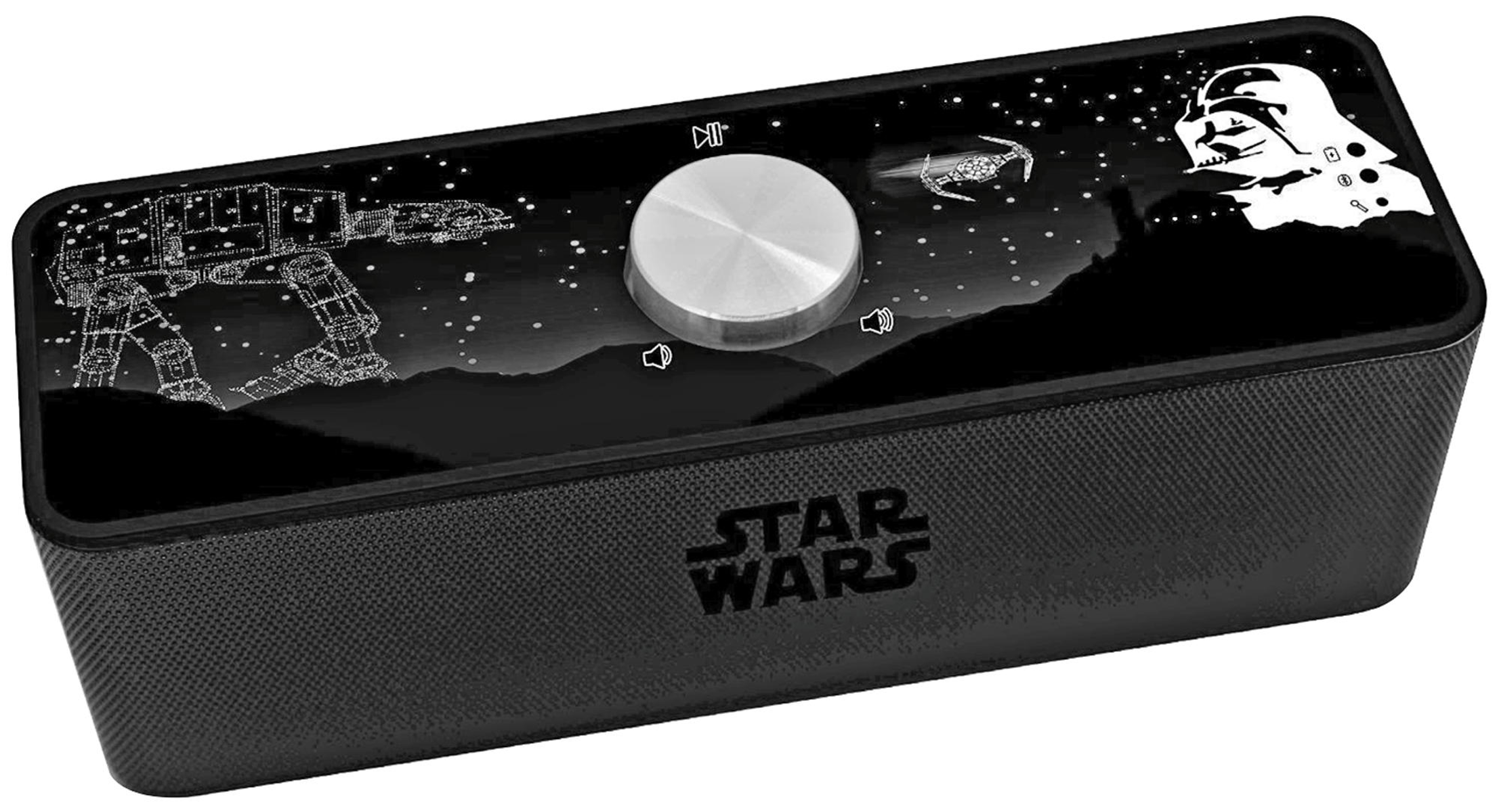 Schwarzer Star Wars-Lautsprecher mit Lautstärkeregler und Star Wars-Logo.